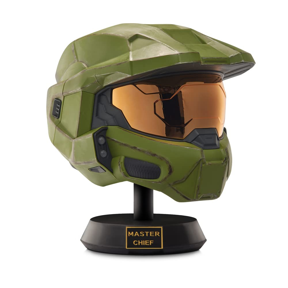 Halo - Casco de Lujo Jefe Maestro con soporte - Casco con luces LED en cada lado - Pintura bélica dañada - Sin SFX - Talla única