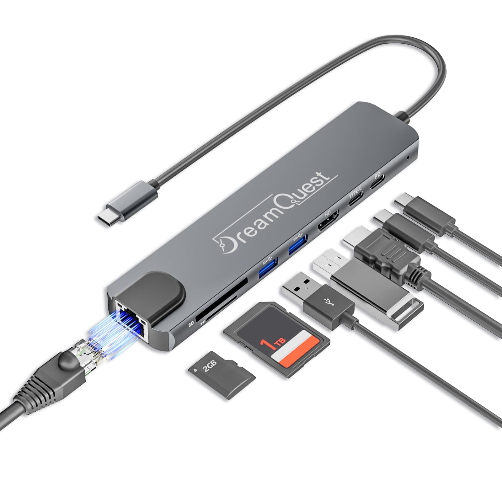 DreamQuest Adaptador USB C 4K HDMI, 100W Carga, Puertos USB 3.0 & 2.0, Ethernet, Tarjetas SD/TF
