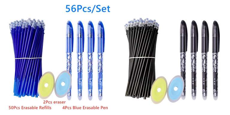 4 bolígrafos de gel + 50 recambios + 2 gomas de borrar (azul y negro)