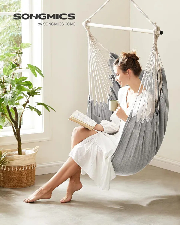 Silla Colgante SONGMICS para Interior y Exterior – 2 Cojines | Hasta 150 kg | Gris Paloma y Blanco Cremoso | 14,54€ si os sale ventaja