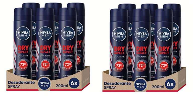 12 desodorantes NIVEA MEN Dry Impact - 2 packs de 6 (6 x 200 ml), desodorante antitranspirante con protección 72 horas [1'92€/ud]