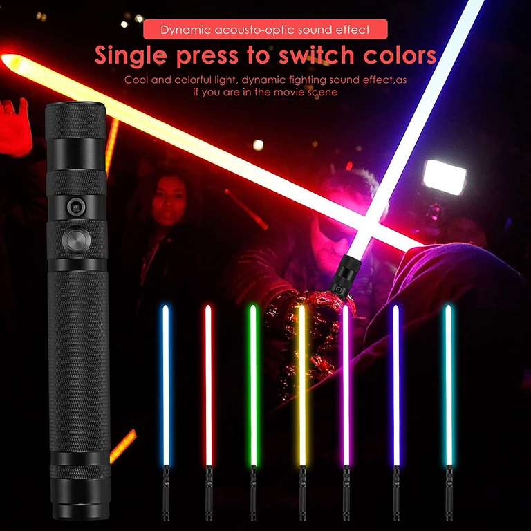 Sable Laser LED RGB de 7 colores, con efecto de sonido de golpeo, mango de metal, carga USB