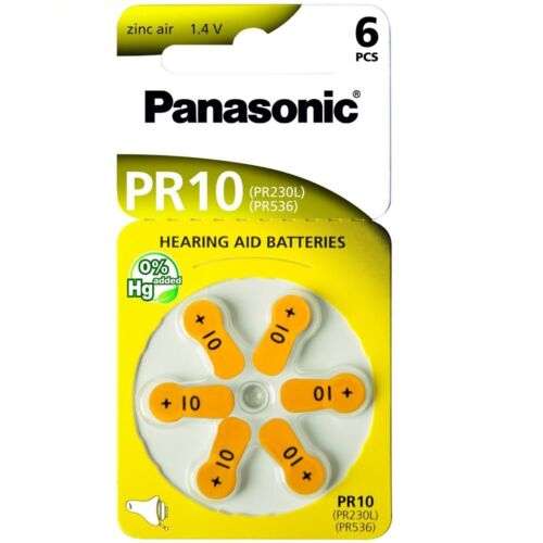 Pack de 6 Pilas de Botón PANASONIC de Recambio para Audífonos de Personas Mayores en Amarillo PR10, Naranja PR13, y Marrón PR41