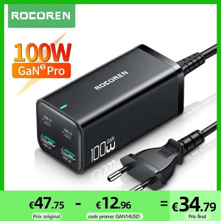 Rocoren GaN 100W Cargador 4.0 QC 5.0 3.0 PD USB-C Tipo C Carga rápida USB