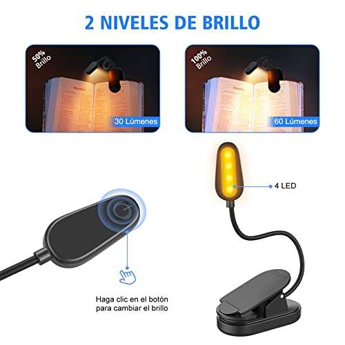 Lampara Lectura flexible Anti-luz Azul con 2 Modos Brillo para cuidado de los ojos. Lámpara Pinza. USB Batería Larga Duración