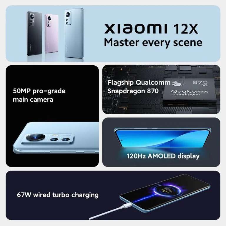 Xiaomi 12X Snapdragon 870 6.28" FHD+ AMOLED 120Hz Pantalla 4500mAh Batería 67W Carga 50MP Cámara Trasera 5G Smartphone