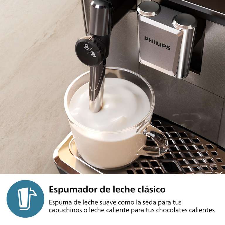 Philips Serie 3300 Cafetera Superautomática - Espumador de leche clásico, 5 tipos de café personalizables, Extracción silenciosa SilentBrew