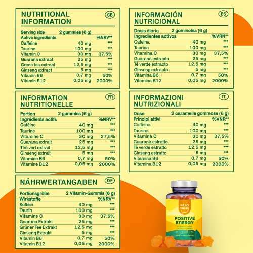 Vitaminas para la Energía y Concentración | Con Cafeína, Té Verde, Ginseng, Guarana y Vitamina C, B12 y B6 | Sabor Mango | 60 Gominolas |