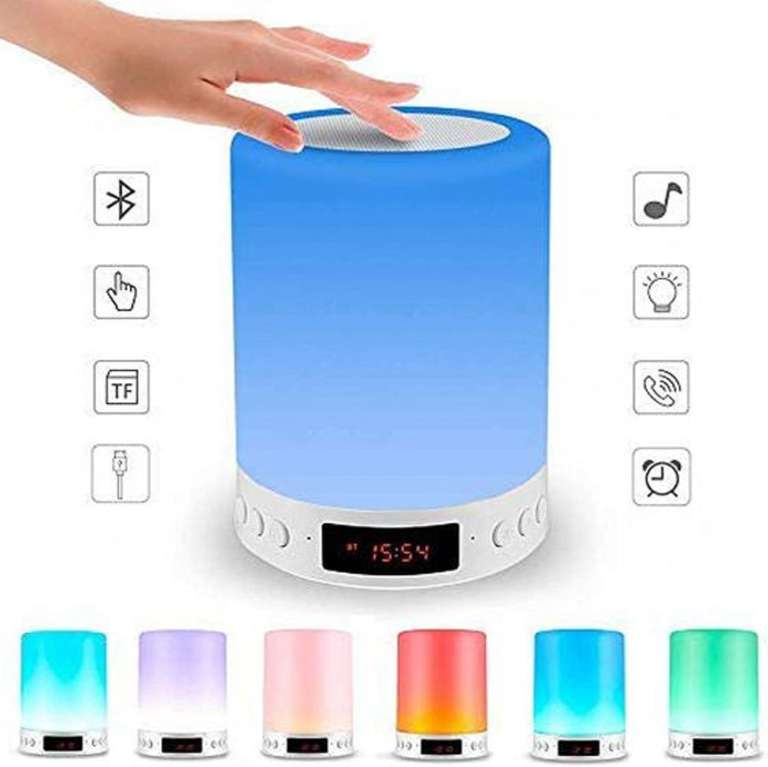 Lámpara táctil inteligente recargable regulable LED con altavoz inalámbrico Bluetooth y pantalla de reloj despertador, multicolor