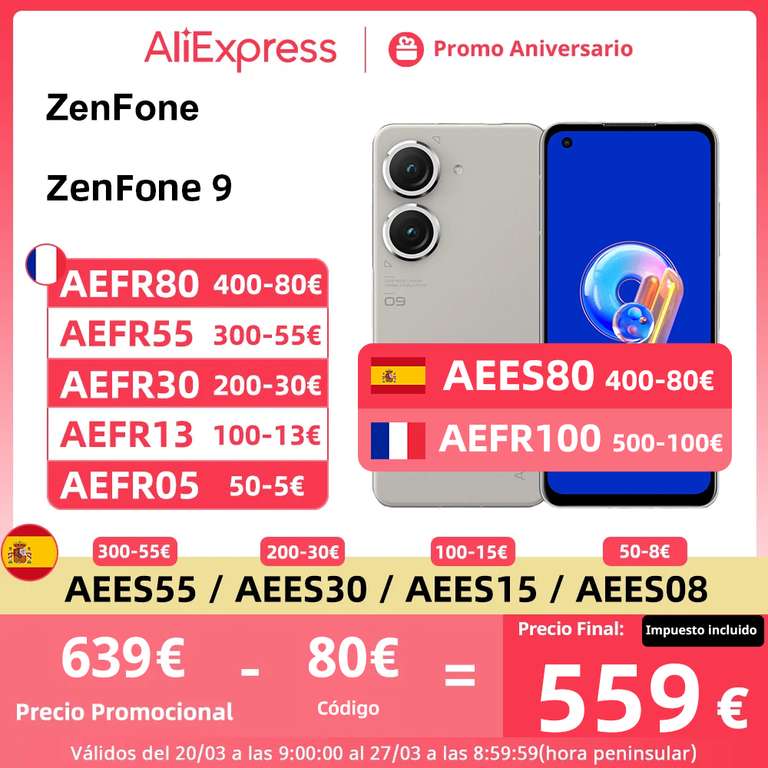 Versión Global ASUS Zenfone 9 5G, 8GB+128GB (desde España) (8GB+256GB por 629€)
