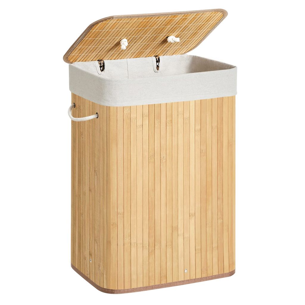 Cesto de ropa sucia SONGMICS con tapa, 72 L, cesta de bambú con bolsa lavable extraíble, asas, para lavandería, dormitorio, color natural