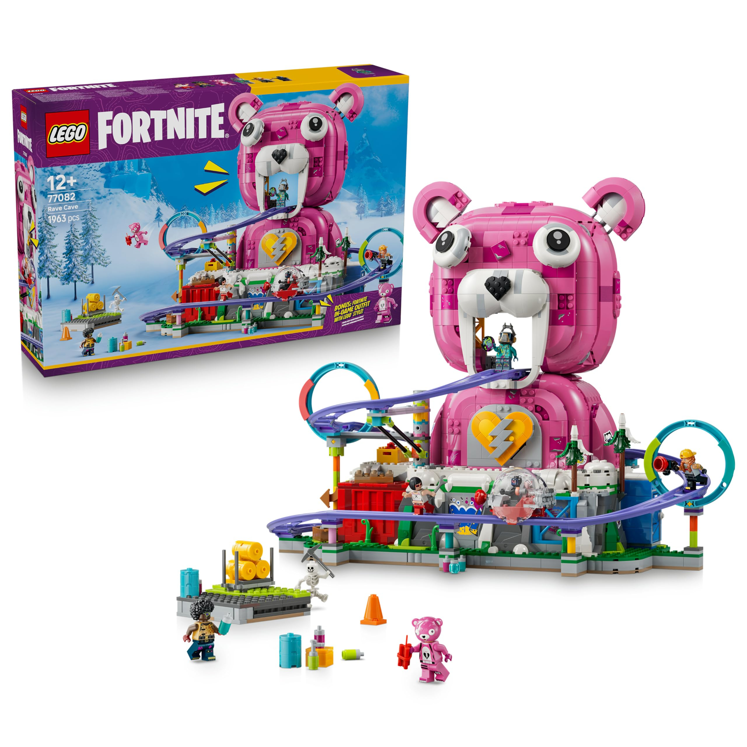 LEGO Fortnite Caverna Descontrol – Juguete Interactivo – Marqueta de Parque Temático con Montaña Rusa y 6 Minifiguras