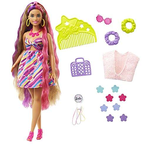 Barbie Totally Hair Pelo extralargo Flor Muñeca Morena Curvy con Vestido y Accesorios de Flores para el Pelo