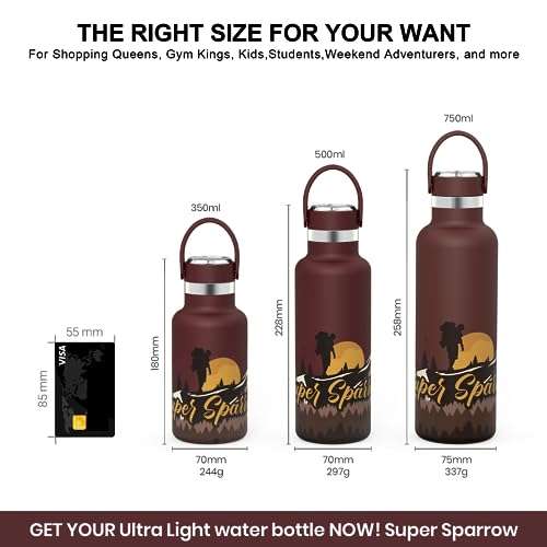 Super Sparrow Botella Agua Acero Inoxidable 18/10 - Botella Termica Ultraligera - 750ml - Termo Sin BPA