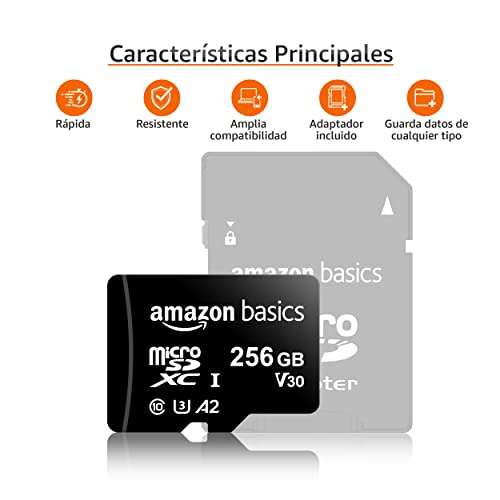 Amazon Basics - MicroSDXC, 256 GB, con Adaptador SD, A2, U3, velocidad de lectura hasta 100 MB/s