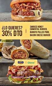 30% de descuento en Smoked Honey Emmental,Burrito Pulled Pork y Bacon Cheese M de Ribs pidiendo en Glovo