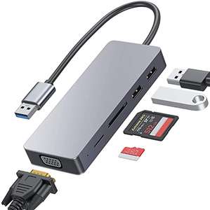 Adaptador USB 3.0 a VGA, Distribuidor 5 en 1 con VGA 1080p, 2 Puertos USB 2.0, Lector de Tarjetas SD/Micro SD, convertidor