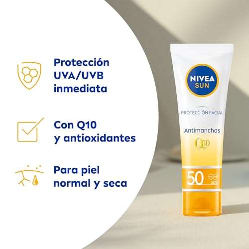 NIVEA SUN Protección solar Facial UV Antiedad & Antimanchas FP50 (50 ml), 0% residuos, crema hidratante con Q10