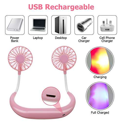 Ventilador cuello portátil, recargable USB, 360° ajustable, 3 velocidades. Ideal deportes, hogar y oficina
