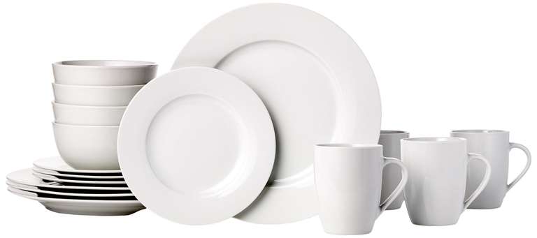 Amazon Basics Vajilla para 4 personas, 16 Unidad, Paquete de 1, Blanco