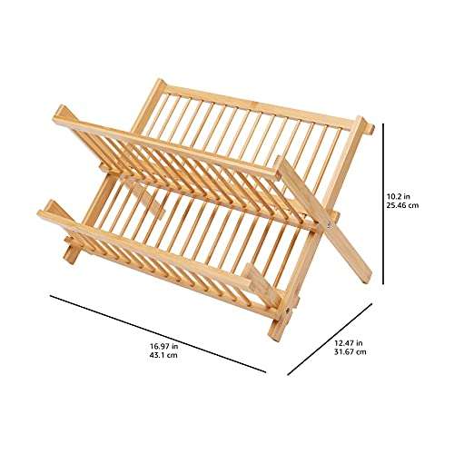 Amazon Basics - Escurreplatos de bambú, perfil redondo, plegable, 2 niveles