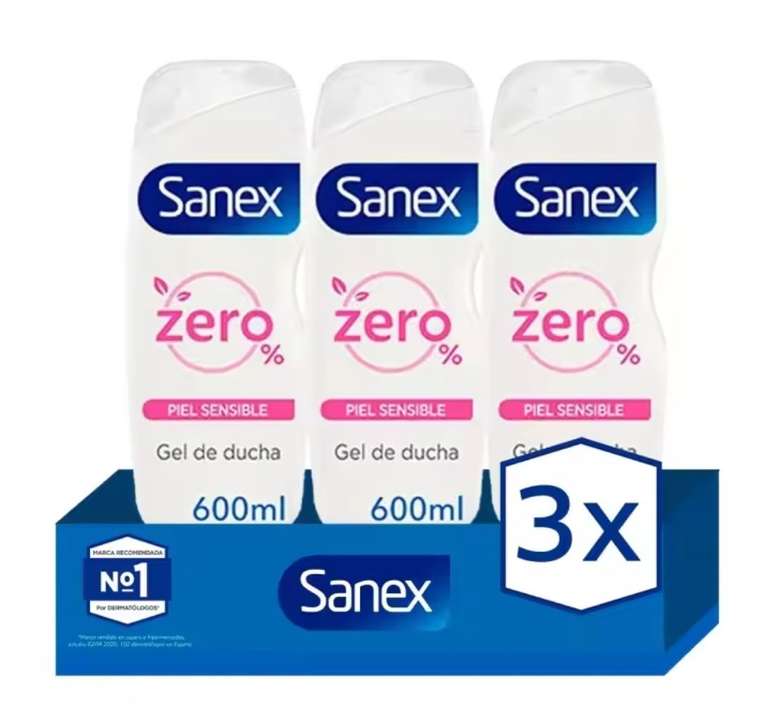 Gel de ducha o baño Sanex Zero% hidratantes piel sensible 600ml. Pack 3 [ Nuevo Usuario 4.10€]