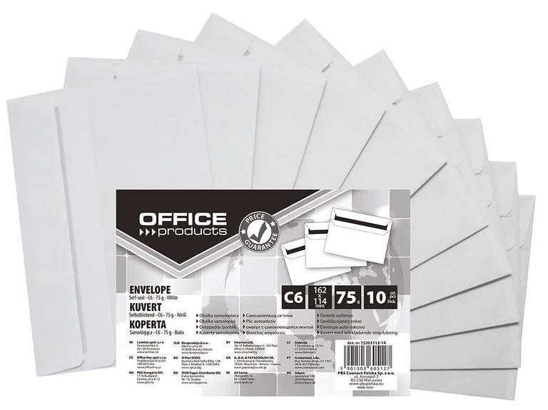 Sobres autoadhesivos para productos de oficina SK C6 114 x 162 mm, 75 g/m², 10 unidades, color blanco, sobres y accesorios de envío.