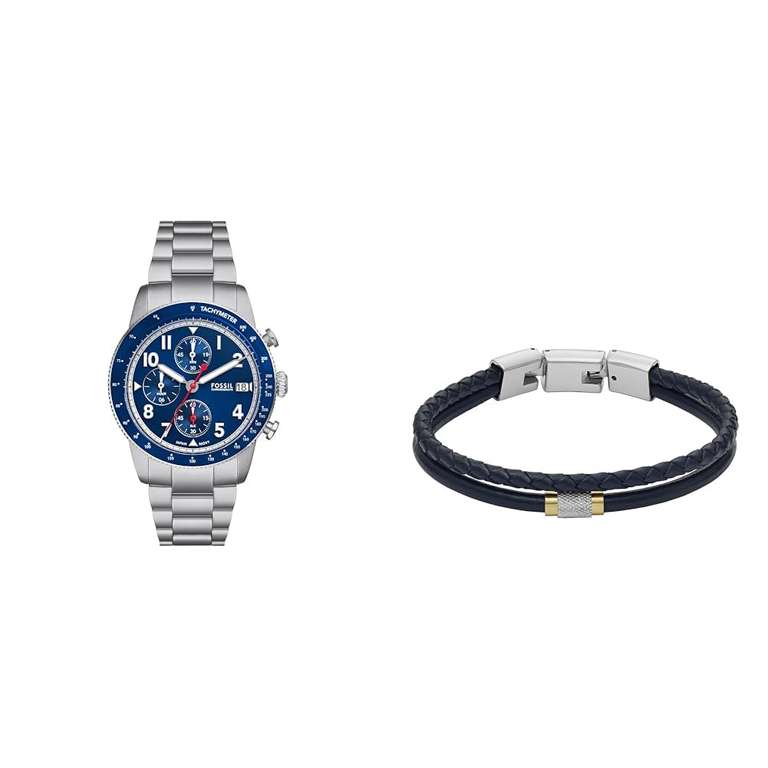 FOSSIL Orologio Uomo Sport Tourer in Acciaio Inossidabile Argento e Bracciale Jewelry in Cuoio BLU, Set