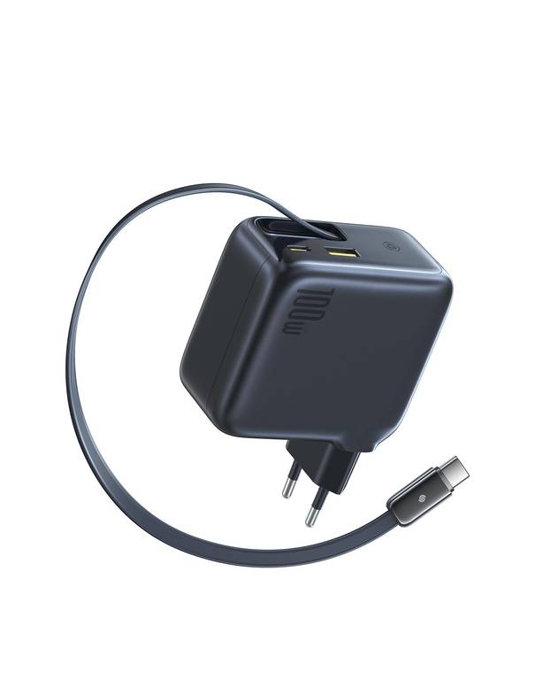 Cargador USB-C Baseus Enercore 100W, cable extensible integrado, 3 puertos, tecnología GaN y carga rápida Power Delivery