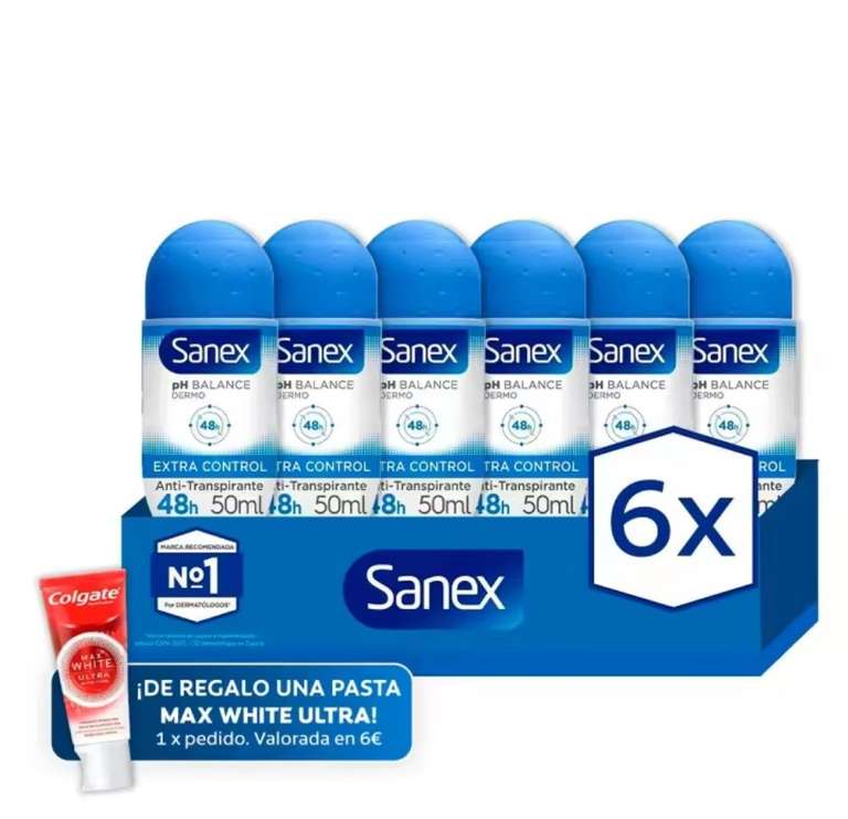 Desodorante roll-on Sanex pH Balance Dermo Extra Control 48h antitranspirante 50ml. Pack 6 [ Nuevo Usuario 3.84€]