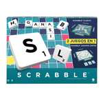 Mattel Games Scrabble 2 Juegos en 1 , juego de mesa familiar, palabras cruzadas, incluye tablero con 2 caras, 50 tarjetas con objetivos