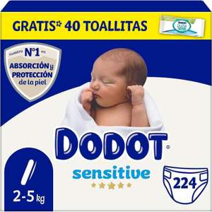 Dodot Pañales Bebé Sensitive Talla 1 (2-5 kg), 224 Pañales + 1 Pack de 40 Toallitas Gratis