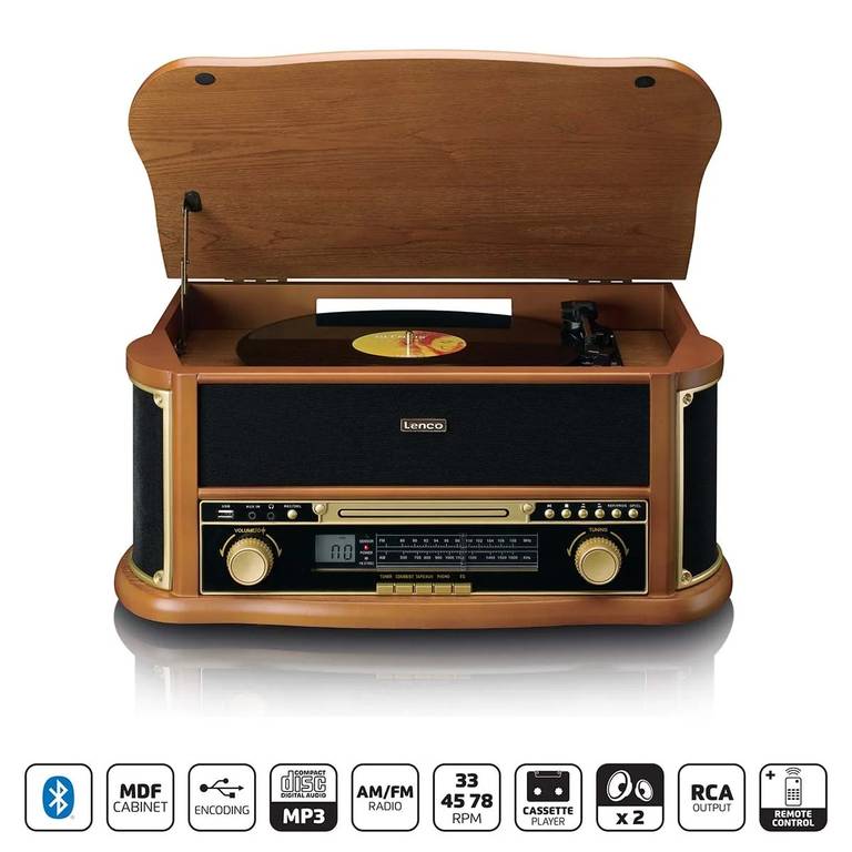 Lenco TCD-2551WD – Tocadiscos retro de madera, Bluetooth, radio AM/FM, codificación USB, reproductor de CD y Casettes – Altavoces integrados