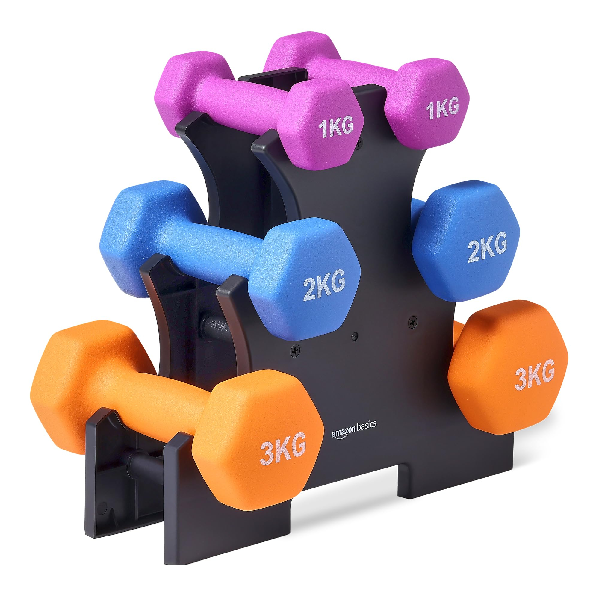 Set Amazon Basics 6 mancuernas de neopreno 1/2/3 kg + Estante para colocarlas