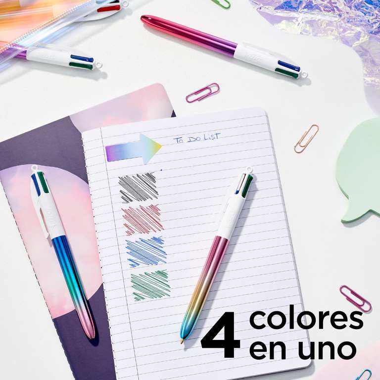BIC Pack de 5 Bolígrafos de 4 Colores Retráctil de Punta Media (1,0 mm) - Diseños de Cuerpo con Degradado Tricolor