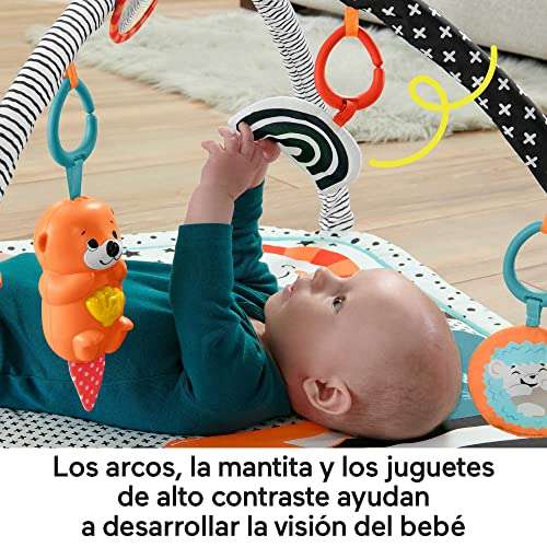 Fisher-Price Alfombra gimnasio 3 en 1, estampado animalitos divertidos, manta para bebé recién nacido con accesorios (Mattel HBP41)