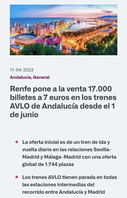 17.000 billetes a 7 euros en los trenes AVLO de Andalucía desde el 1 de junio