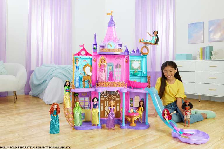 Mattel Disney Princess Castillo aventuras reales Casa de muñecas con dos pisos, muebles y accesorios, con luces y sonidos, juguete +3 años