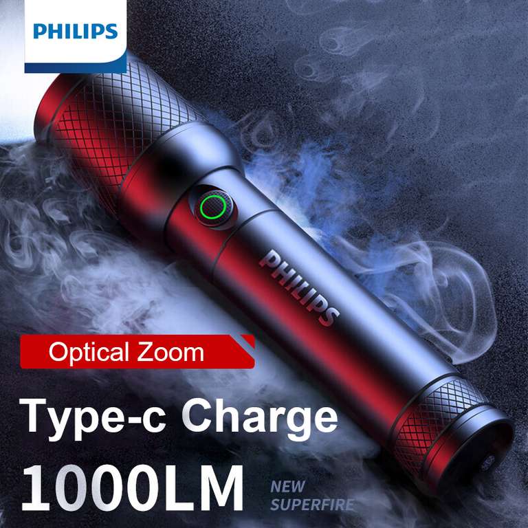 Philips-linterna 1000LM SFL6168, con carga USB, batería 18650