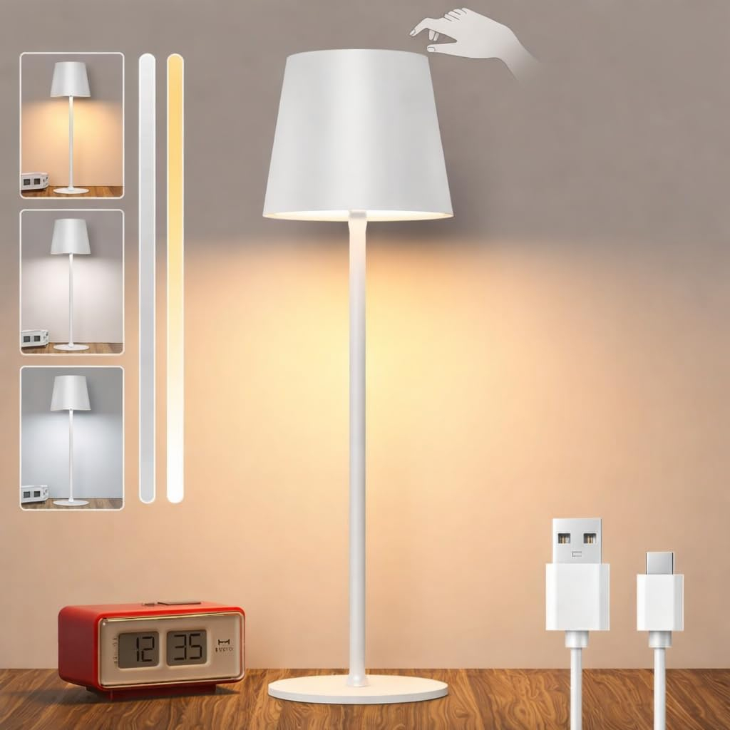 Lámparas LED de Mesita de NocheLámpara Táctil de Mesa Recargable I 3 Modos de Luz con Brillo y Altura Ajustable blanca o negra