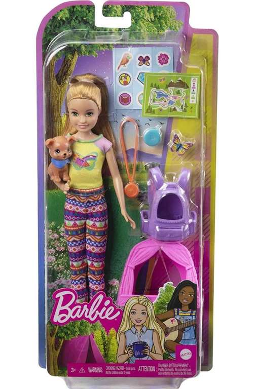 Barbie ¡Vamos de Camping! Stacie - Muñeca rubia con mascota y accesorios