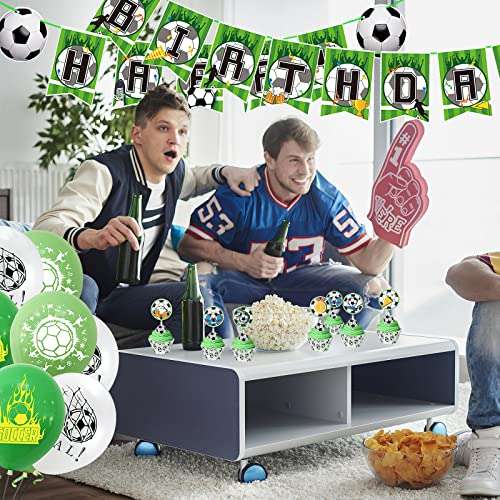 Globos con temática de fútbol, decoración de cumpleaños, pancarta, 2 globos de aluminio, 18 globos latex, 16 adornos tartas