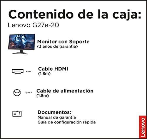 Lenovo G27e-20 - Monitor 27", (FHD, VA, 100 Hz, 1 ms, HDMI+DP, cable HDMI, FreeSync Premium, soporte metálico)