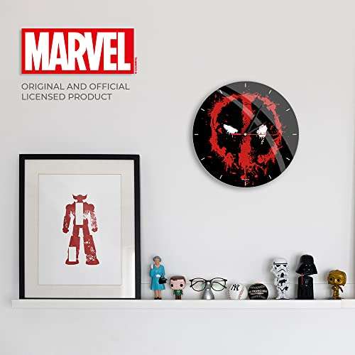 Reloj de pared Marvel, Deadpool, vidrio, manecillas metalicas pintadas, silencioso, licencia oficial (30,5cm)