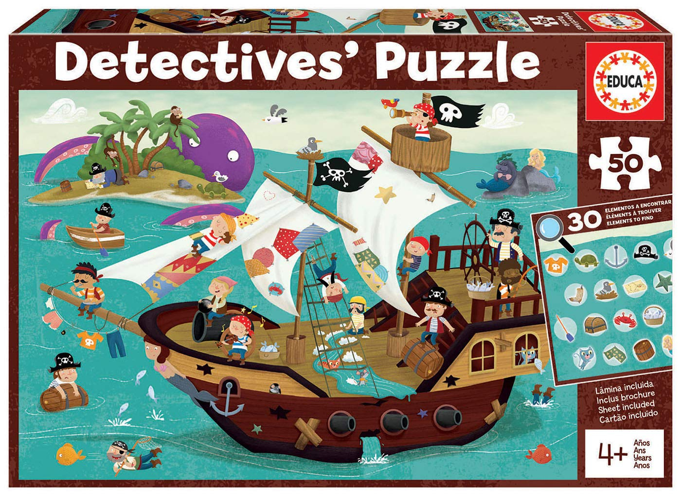 Educa. 2 Puzzles Detectives Piratas. 50 Piezas, Móntalo y Busca los Objetos escondidos. + 4 años