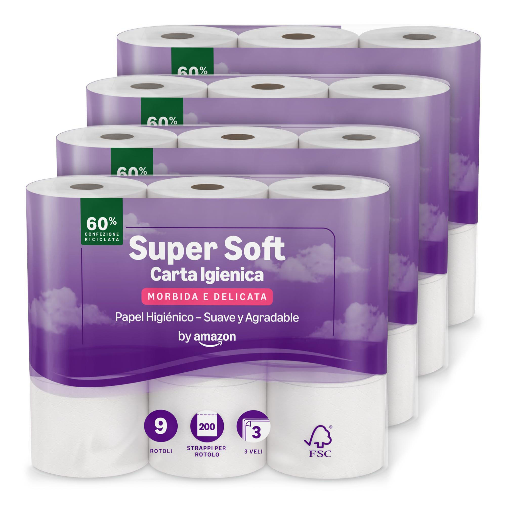 Amazon Papel Higiénico Supersuave de 3 Capas, 36 Rollos (4 Paquetes de 9), 200 Hojas por Rollo
