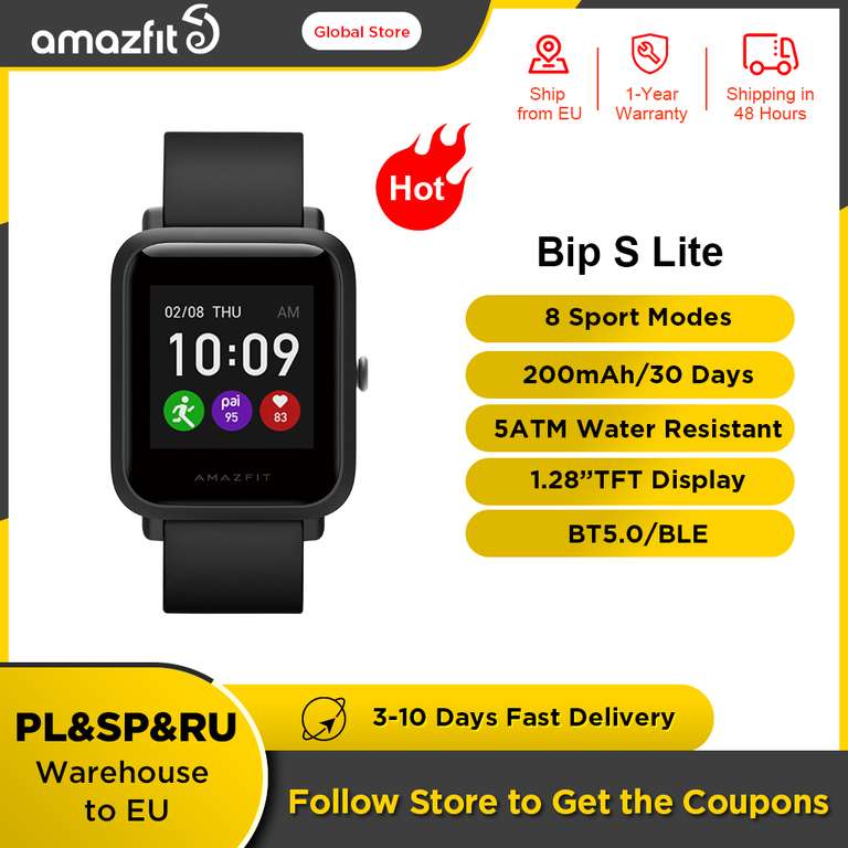 Amazfit-Bip S Lite, Reloj Inteligente, 5ATM, Resistente al Agua con Pantalla en Color de Natación Reloj Inteligente de 1,28 Pulgadas D
