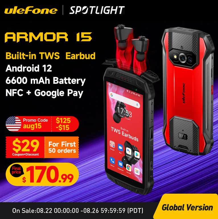 Ulefone Armor 15 6GB/128GB Android 12, 6600mAh, NFC Auriculares TWS Incluidos Ruguerizado