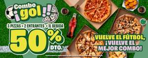 3 pizzas medianas 3 ingr/5 especial + 2 entrantes + bebida 1L (Local/recoger)