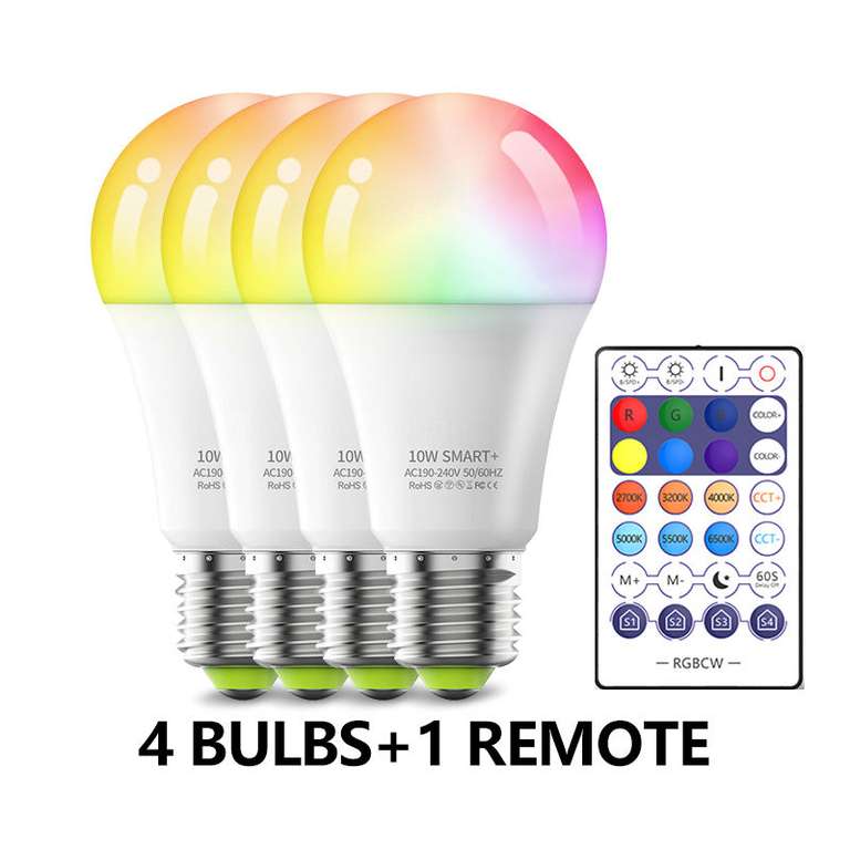 Pak 4 Bombillas LED inteligente RGB, regulables con WIFI, compatible con Alexa, Google Siri, E27, AC220V. Más opciones en descrip.